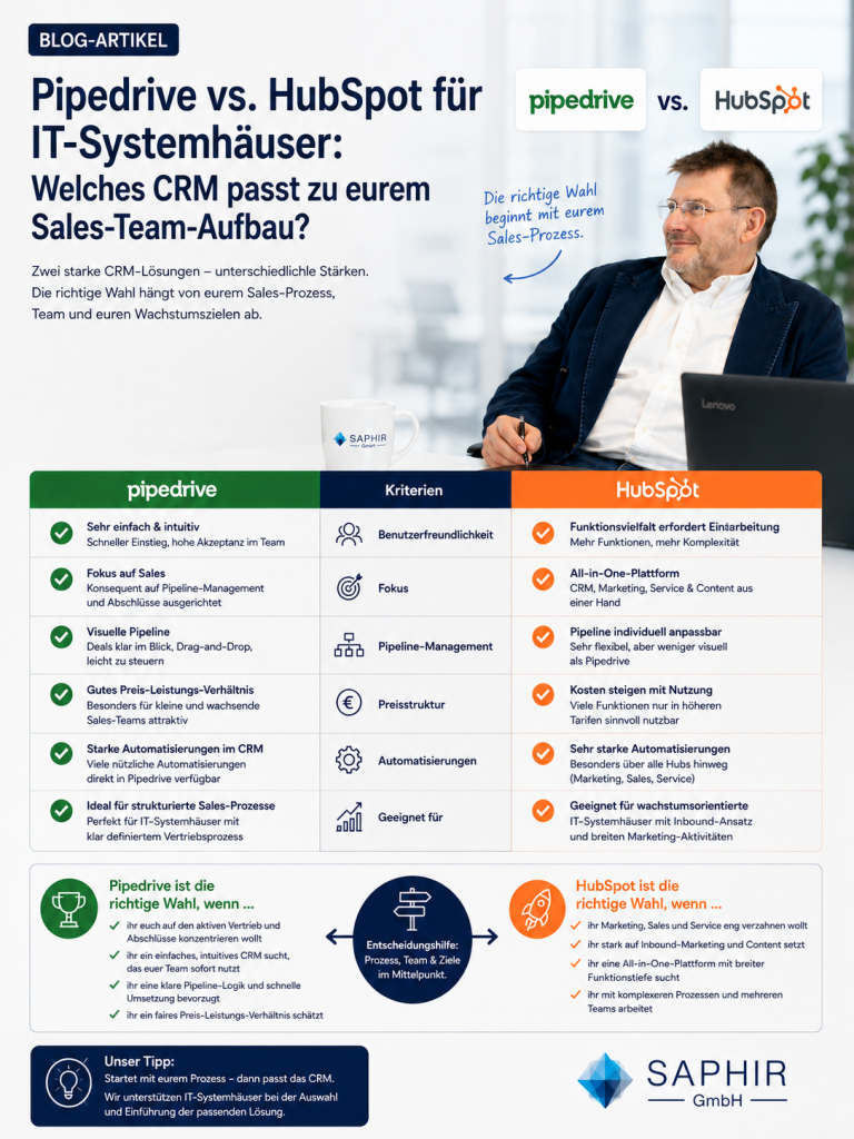 HubSpot ist die bessere Wahl für Unternehmen, die starkes Inbound-Marketing betreiben und eine integrierte All-in-One-Lösung für Marketing, Service und Vertrieb suchen.
Pipedrive ist das klügere Werkzeug für aktive Sales-Teams, die ein schlankes, fokussiertes Tool für die Kaltakquise, den Vertriebsablauf und schnelle Abschlüsse benötigen.
